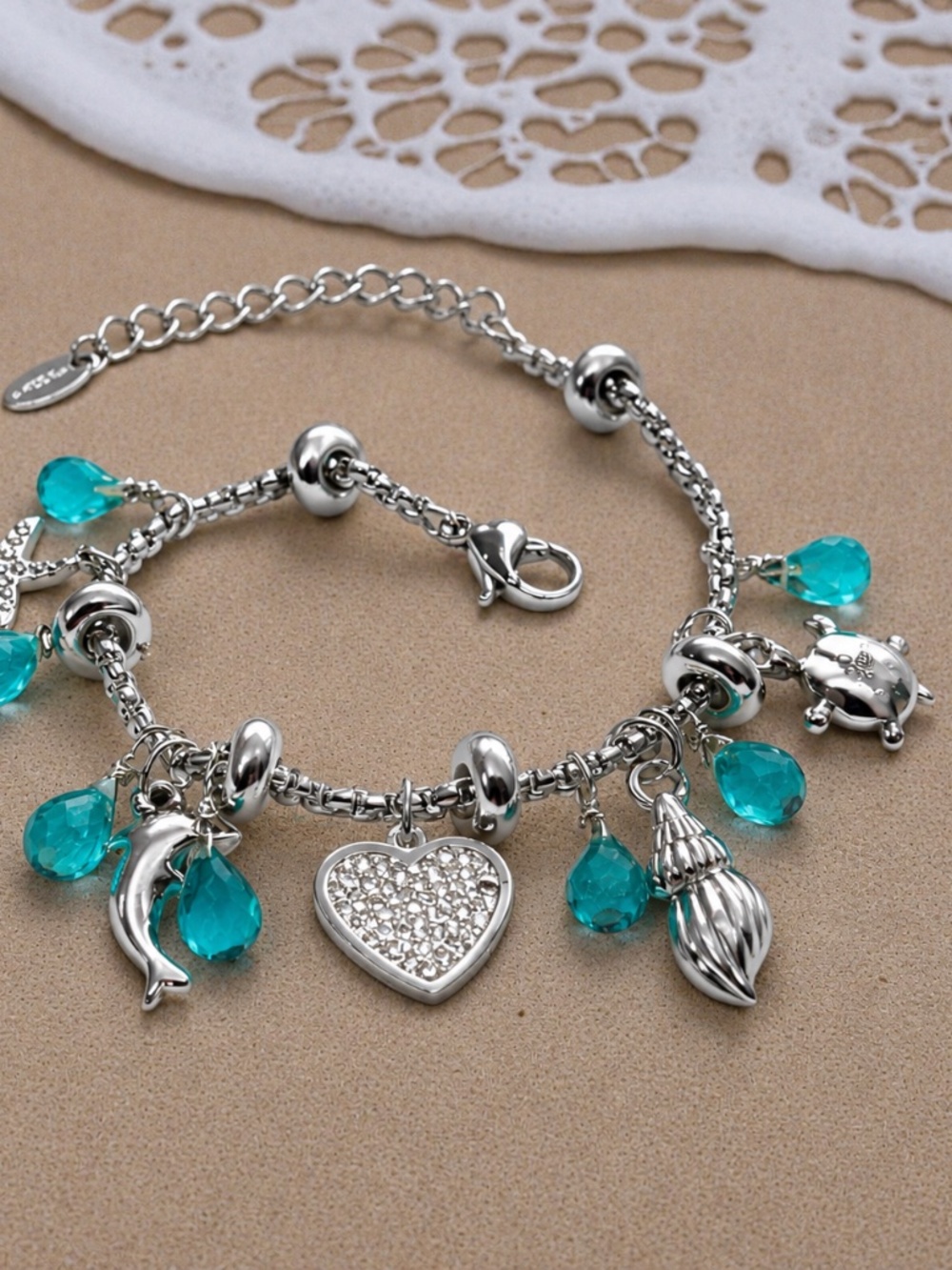 Ocean Bracelet Teal Sapphire Drops Stainless Steel, September Birthstone